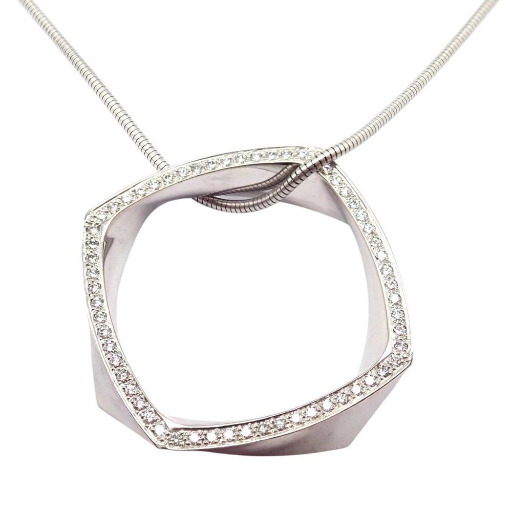 Authentic Tiffany & Co 18k White Gold Frank Gehry Diamond Torque Square Necklace